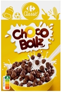 CARREFOUR CLASSIC' BOLLETJES VAN GEËXTRUDEERDE GRANEN (69%) MET CHOCOLADE.