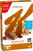 KELLOGG'S RIJST-, VOLKORENTARWE- EN GERSTVLOKKEN MET MELKCHOCOLADEKRULLEN, VERRIJKT MET VITAMINEN EN IJZER.