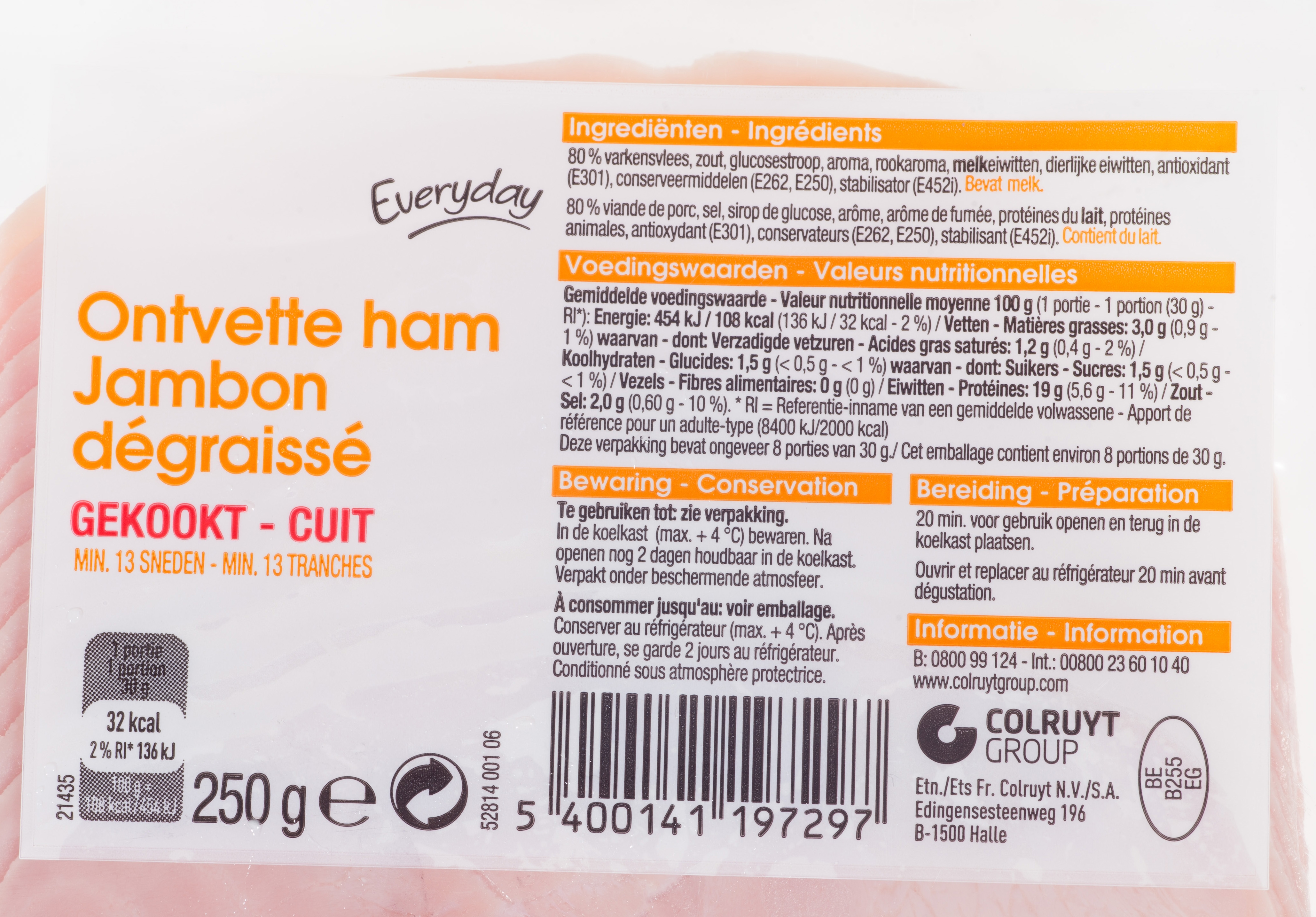 EVERYDAY (COLRUYT) Jambon dégraissé cuit test complet, prix