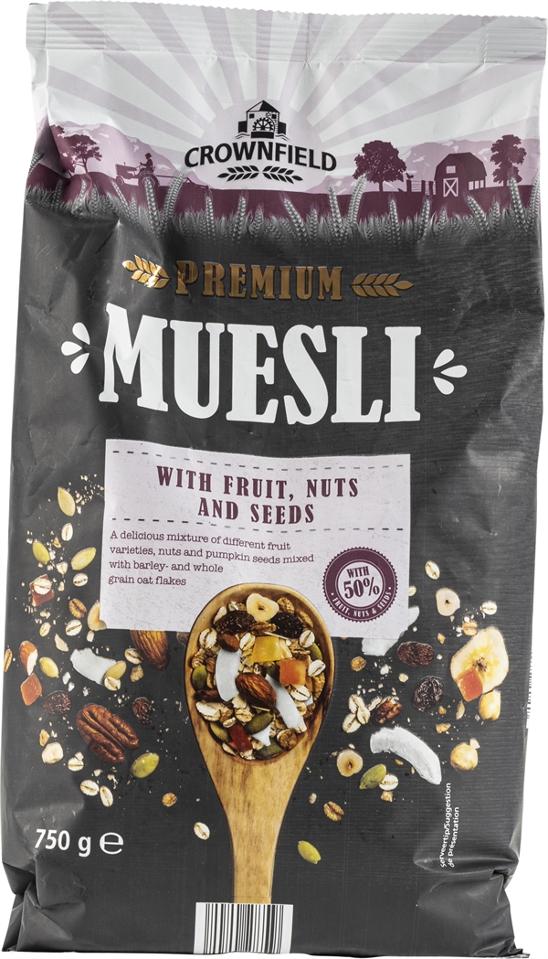 CROWNFIELD (LIDL) PREMIUM MUESLI WITH FRUIT, NUTS AND SEEDS test en review Testaankoop gezond